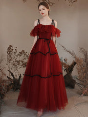 A-Line Off Shoulder Tulle Burgundy Long Prom Dress, Burgundy Formal Dress