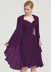 Scalloped Neck 34 Sleeve Knee-Length Chiffon Mother of the Bride Dress With Pleated Beading Appliqued