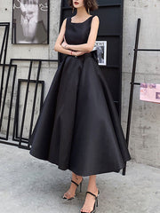 Black Satin Backless Tea Length Vintage Style Party Dress, Black Short Prom Dress