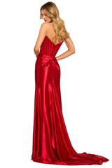 Strapless silk satin dress top lace tight corset high slit evening dress