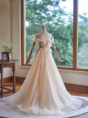 A Line Champagne Off the Shoulder Ruched Long Prom Dresses