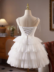 Mini Sweetheart Neck Tulle Lace White Short Prom Dress, White Homecoming Dress