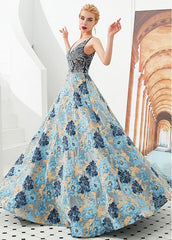 Tulle V-neck A-line Floral Formal & Evening Dress with Beading