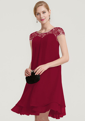A-linePrincess Bateau Short Sleeve Knee-Length Chiffon Mother of the Bride Dress With Beading Ruffles Short