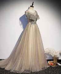 Champagne round neck tulle sequin long prom dress tulle formal dress