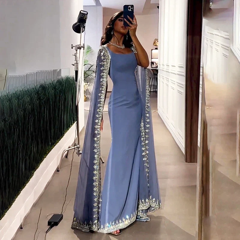 Sparkly  Blue Evening Dresses Cape Long Mermaid Prom Dress Formal Evening Dress Wedding Dress SH945