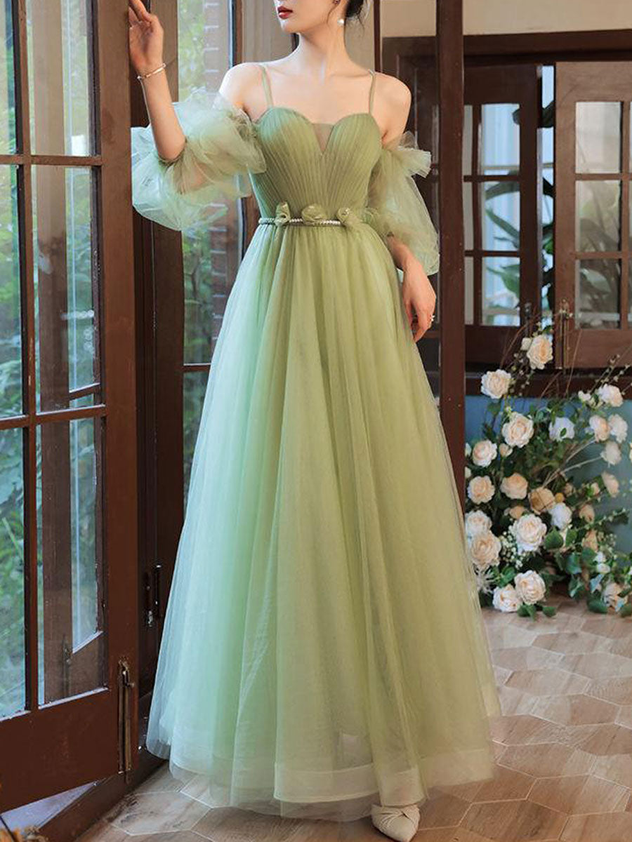 Green tulle A line long prom dress, green tulle formal dress