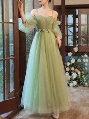 Green tulle A line long prom dress, green tulle formal dress