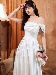 Simple white satin long prom dress, white long bridesmaid dress