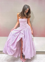 A-line Strapless Pleated Pink formal dresses Bridesmaid Dresses evening gown Prom Dress With Split