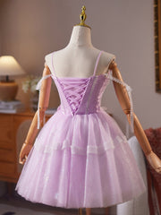 A-Line Tulle Lace Purple Short Prom Dress, Purple Homecoming Dress