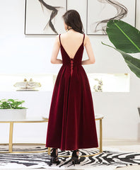 Bourgondische sweetheart thee -lengte prom jurk, bordeauxrode bruidsmeisje jurk, 1