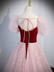 Simple pink A line tulle long prom dress, pink evening dress