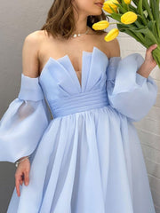 A line blue long prom dress, Organza formal blue evening dress