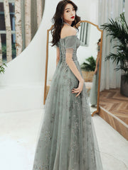 Gray green tulle lace long prom dress gray green evening dress