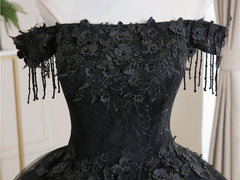 Black tulle lace long prom dress, black tulle lace evening dress