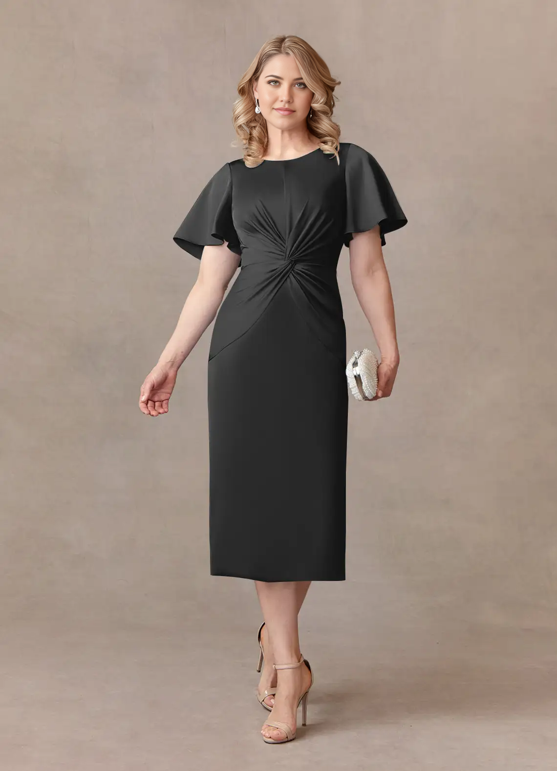 A-Line Scoop Beaded Chiffon Black Tea Length formal dresses evening dress Mother of the Bride Dresses