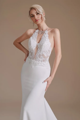 Mermaid Bride Gown Backless Halter Wedding Dress Lace Appliques