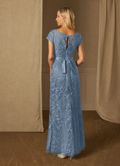 Sheath Scoop Lace Appliques Short Sleeve Dusty Blue Mother of the Bride Dresses