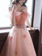 Pink tulle off shoulder long prom dress, pink tulle formal dress