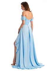 Sexy side slit mermaid soft satin off shoulder long unique bridesmaid dress