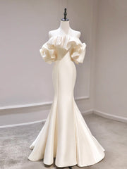 Mermaid Off Shoulder Light Champagne Long Prom Dress, Light Champagne Formal Dress