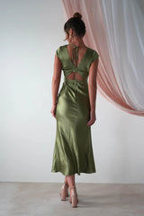 V-neck short sleeved satin long Prom dress - Jimiss Dress