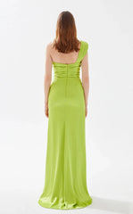 A-line asymmetrical collar tight corset and floor length evening dress