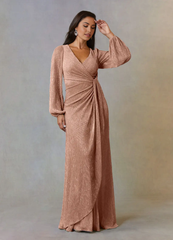 A-Line V-Neck Long Sleeve Ruched Rose Gold Mother of the Bride Dresses