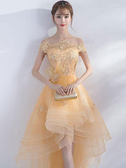 Champagne tulle lace short prom dress, champagne evening dress