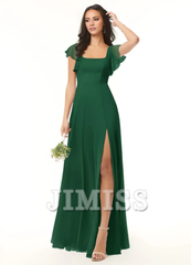 A-line pleated chiffon backless side slit and floor length bridesmaid dress - Jimiss Dress