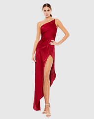 One shoulder neckline sleeveless satin asymmetrical skirt floor length evening dress