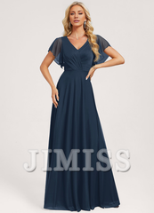 Ruffled A-line V-neck Floor-length Mesh Bridesmaids Dress