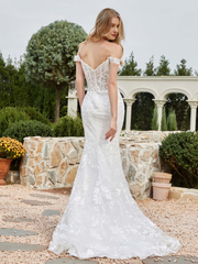 Off shoulder applique tight lace bridal gown