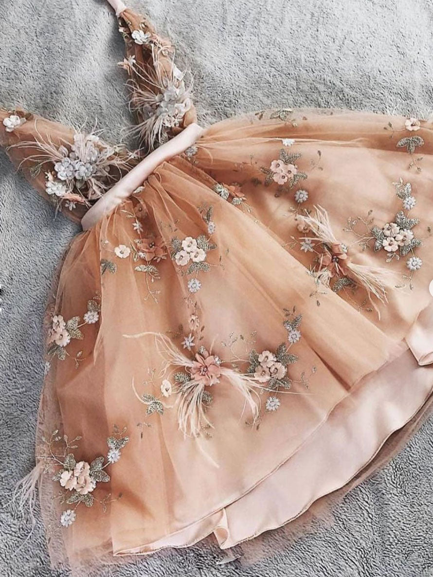 Champagne v neck tulle lace short prom dress, tulle homecoming dress