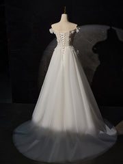 A-Line Off Shoulder Tulle Lace Long Prom Dress, White Lace Long Formal Dress