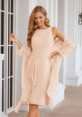 A-line Scoop Neck Knee-Length Chiffon Mother of the Bride Dresses With Pleated and Jacket Pure Color