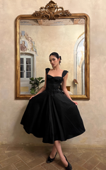 Chic Black A-Line Evening Gown Straps Party Dress Tea Length Formal Dress HZ1024