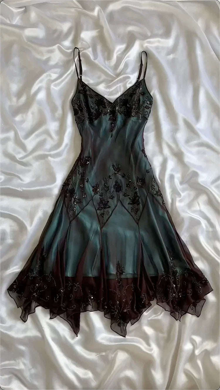 Vintage Dark Green Beaded Embroidery Prom Dress Sheath V-neck Evening Dress Formal Dress HZ1024