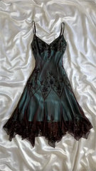 Vintage Dark Green Beaded Embroidery Prom Dress Sheath V-neck Evening Dress Formal Dress HZ1024