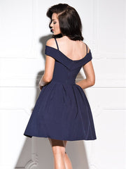 Blue v neck off shoulder satin short prom dress blue cocktail dress