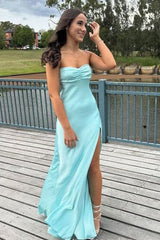 Simple Yellow Spaghetti Straps Satin Long Prom Formal Dress with Slit