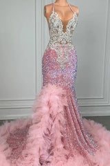 Roze halter zeemeermin prom -jurk met pailletten Beadings en tule ruches