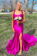 Red Straps Mermaid Satin Side Slit Long Prom Dress with Train