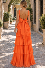 Elegant Straps Square Layered Sleeveless Long Prom Formal Dress