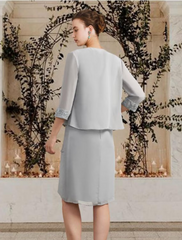 Two Piece Mother of the Bride Dress Church Elegant Square Neck Knee Length Chiffon Lace Sleeveless Wrap Included with Ruffles Appliques