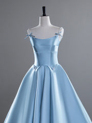 A-Line Satin Blue Long Prom Dress, Blue Long Evening Dress