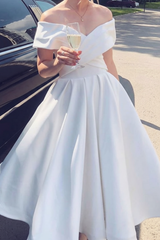 Elegant Off the Shoulder Tea Length White Satin Wedding Dress