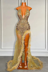 Gouden mouwloze zeemeermin prom -jurk met pailletten Hoge spleet en veren Beadings