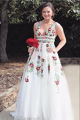 Charming V neck A Line Prom Dress with Embroidery, Open Back Evening Dress T1448